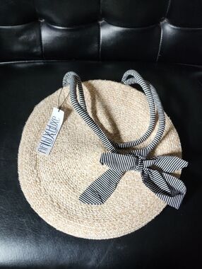 NWT Fifth & Luxe Round Straw Woven Tote Bag Black White Striped Bow Handle